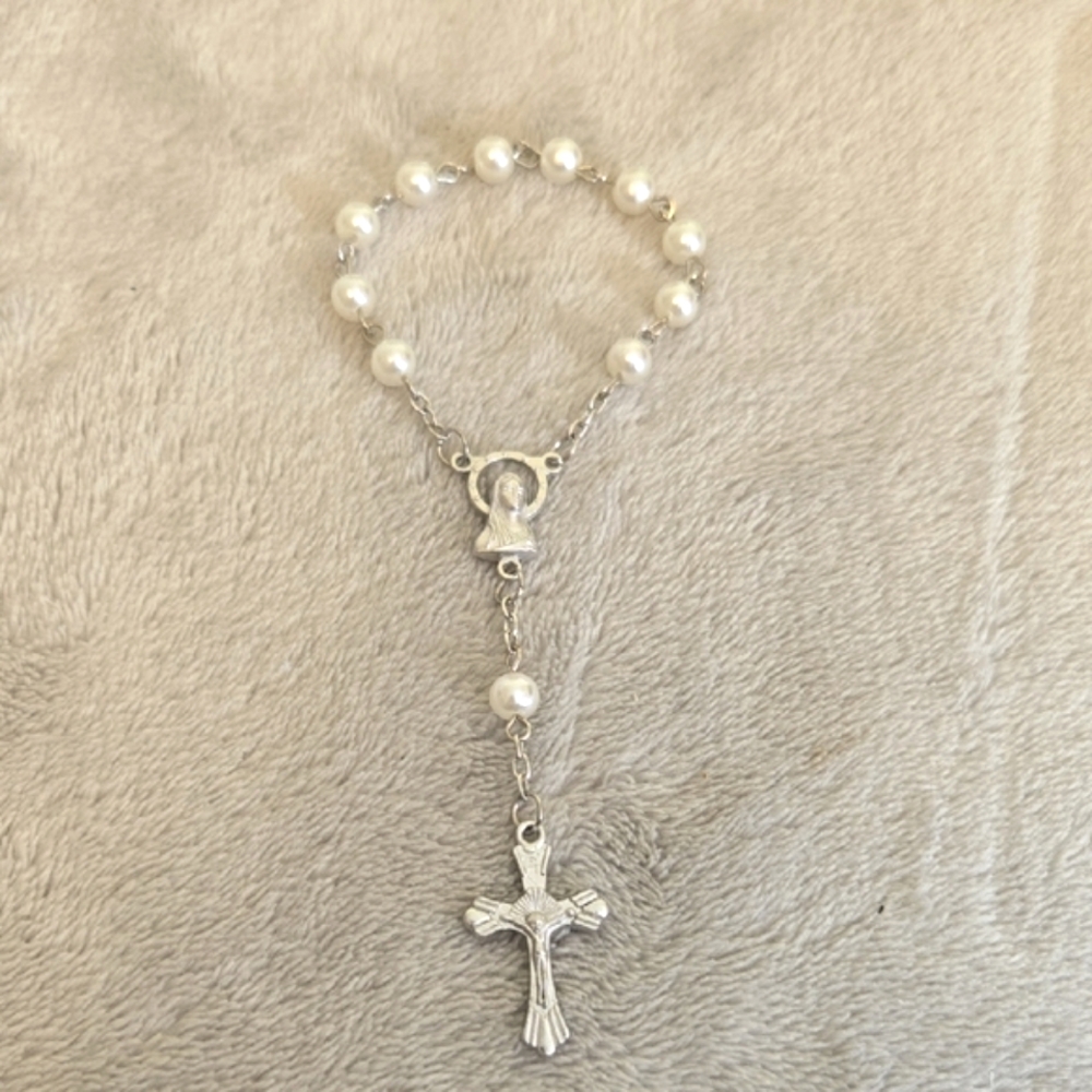 #564 Silver Tone and White Rosary Bracelet